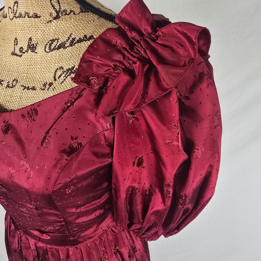 Vintage 80s Burgundy Floral Satin Jacquard Gown ILGWU Union Made Prom Dress 7-8 - Picture 9 of 16